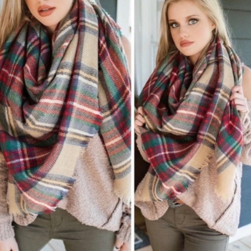 TAN Plaid Printed Oversized fall winter sc… - Picture 1 of 7